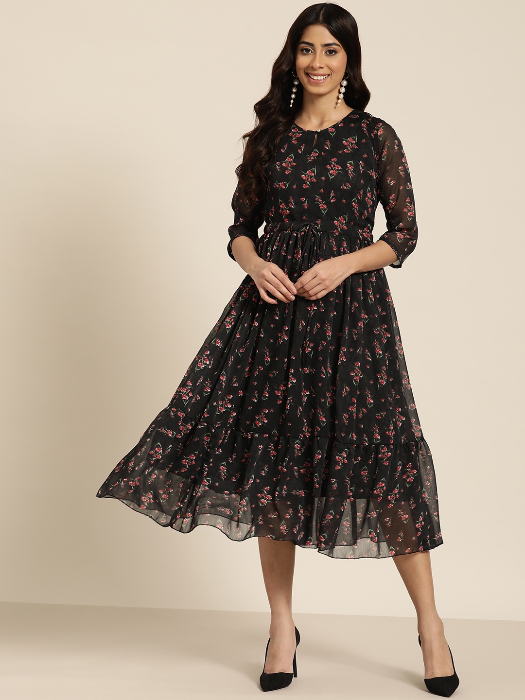 

VAABA Floral Print Keyhole Neck Georgette Fit & Flare Midi Dress, Black