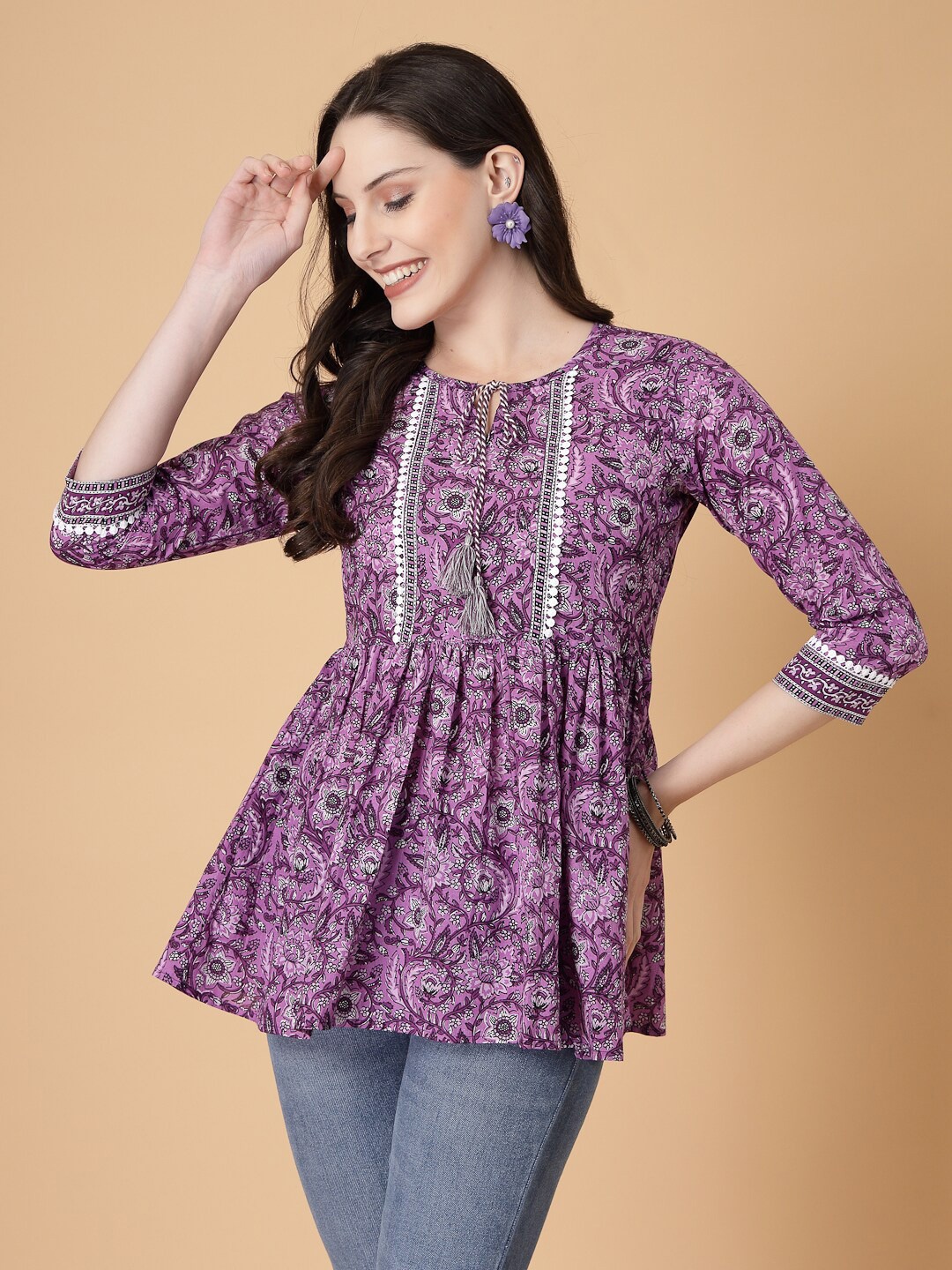 

God Bless Floral Printed Tie-Up Neck Lace-Up Detail Cotton Peplum Top, Purple