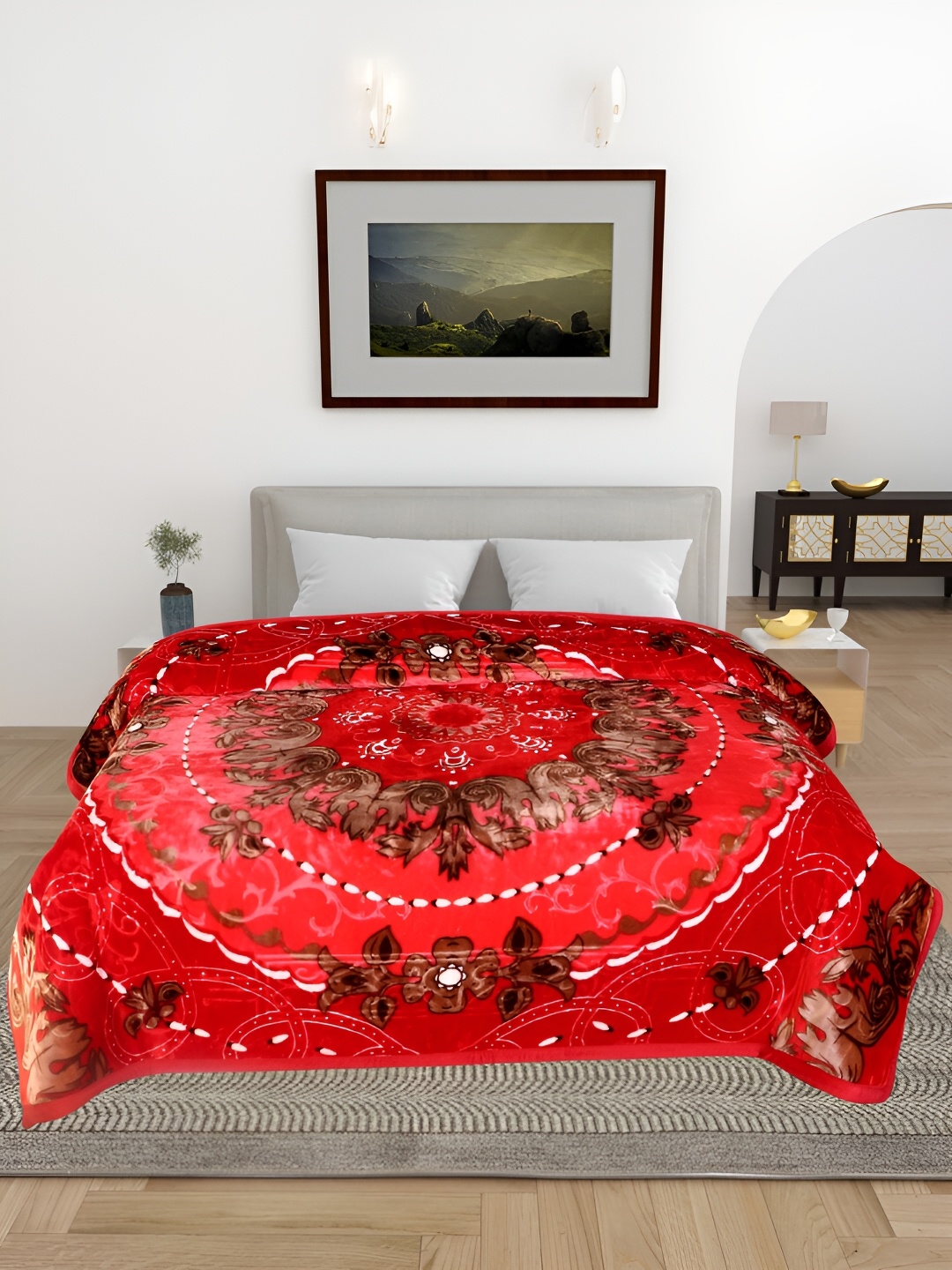 

Bezzilish Home Red & Brown Floral Cotton Heavy Winter 600 GSM Double Bed Blanket