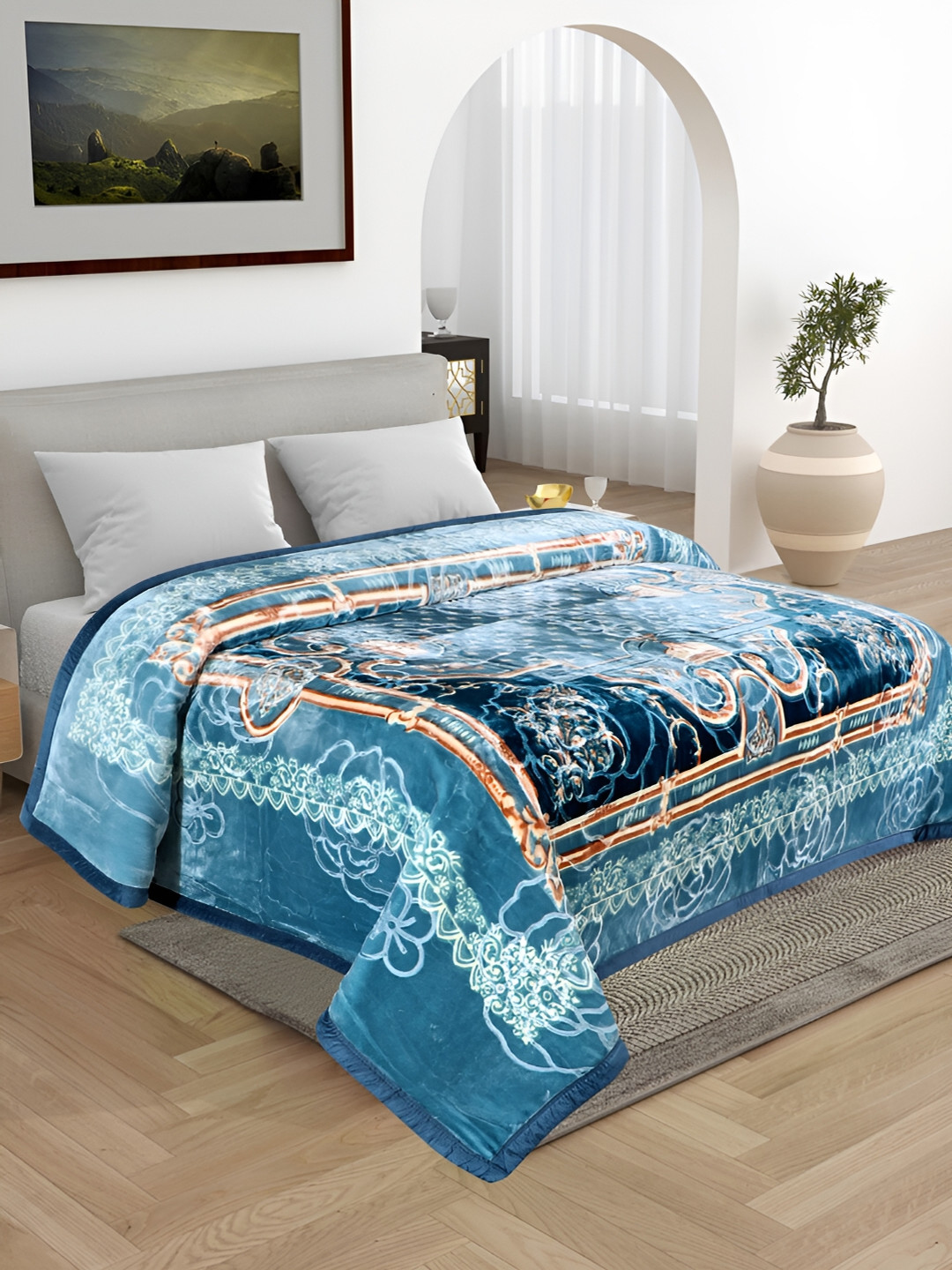 

Bezzilish Home Blue & White Floral Heavy Winter 600 GSM Double Bed Blanket