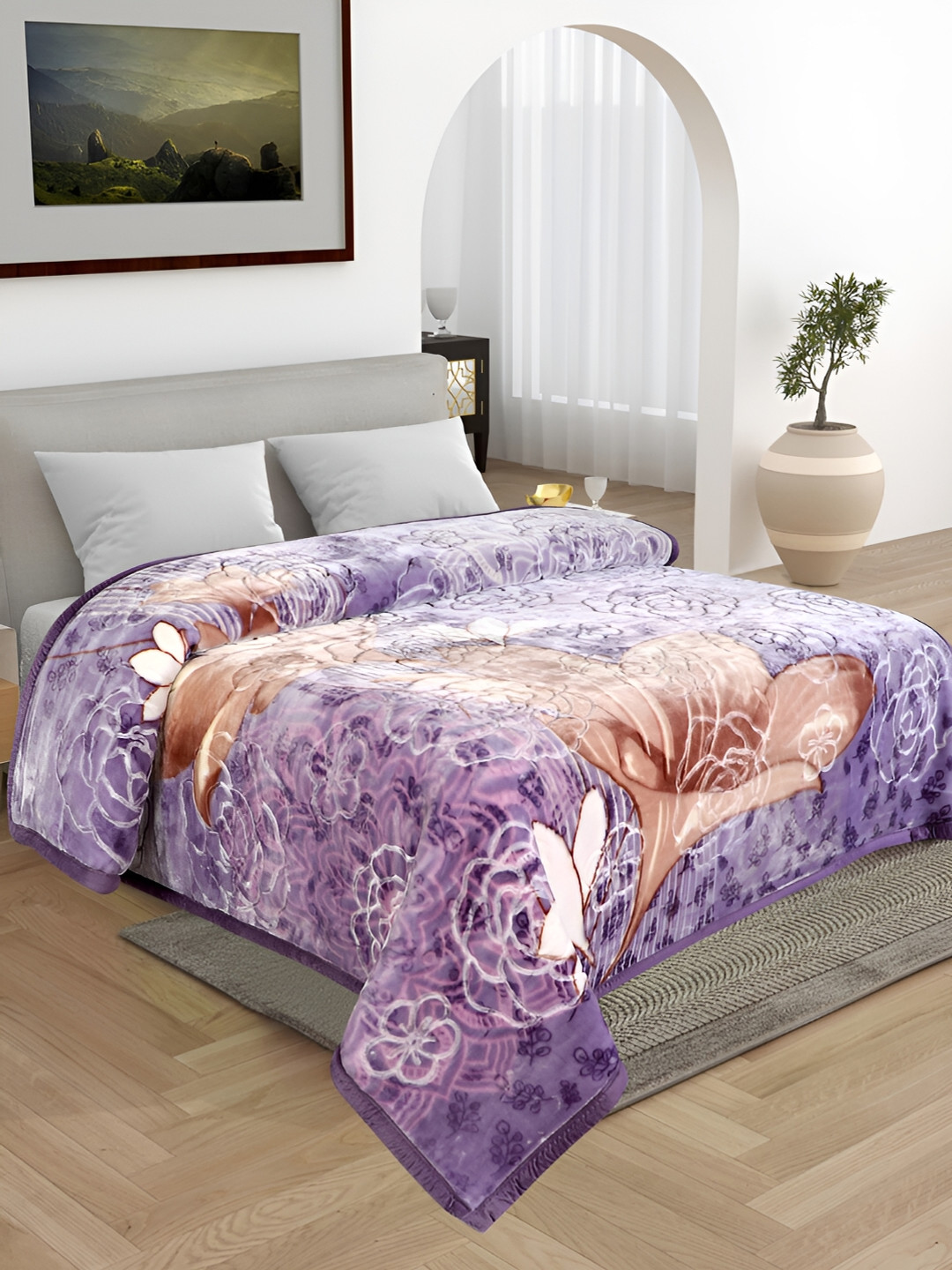 

Bezzilish Home Purple & Brown Floral Heavy Winter 600 GSM Double Bed Blanket
