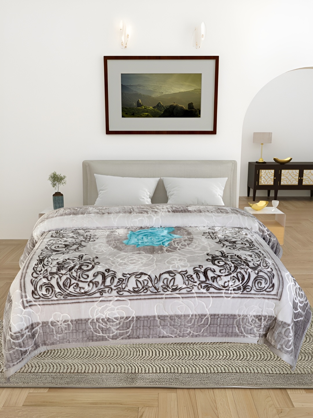 

Bezzilish Home Grey & White Floral Heavy Winter 600 GSM Double Bed Blanket