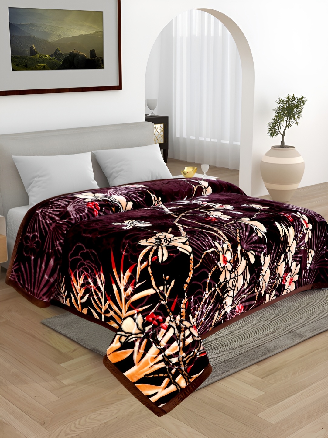 

Bezzilish Home Burgundy & Orange Floral Heavy Winter 600 GSM Double Bed Blanket