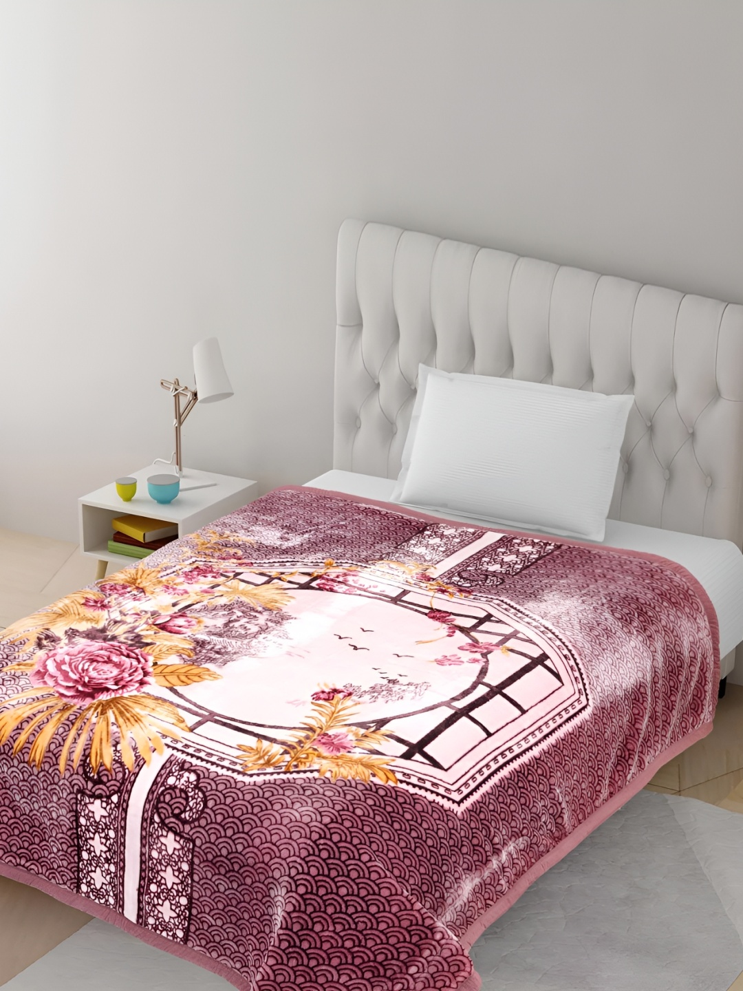 

Bezzilish Home White & Pink Floral Heavy Winter 600 GSM Double Bed Blanket