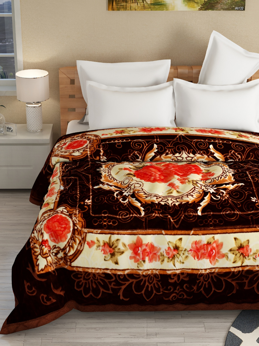 

Bezzilish Home Brown & Red Floral Heavy Winter 600 GSM Double Bed Blanket
