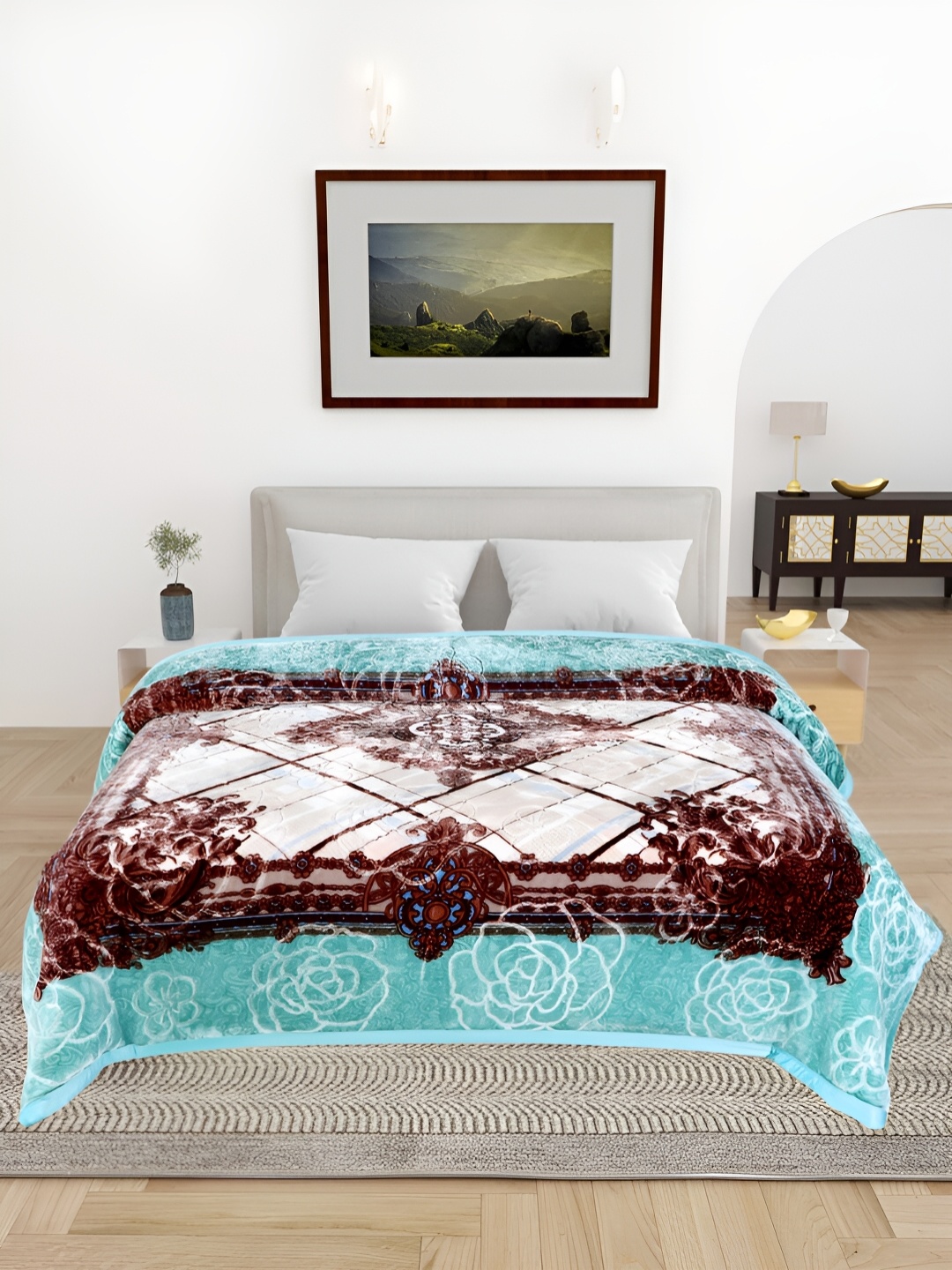 

Bezzilish Home Brown & Blue Floral Microfiber Heavy Winter 600 GSM Double Bed Blanket