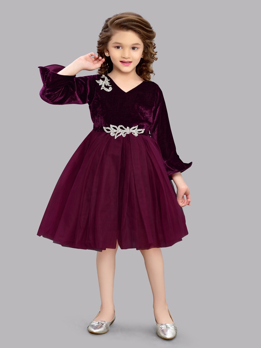 

Pink Chick Girls Bell Sleeve Applique Velvet Fit & Flare Dress, Burgundy