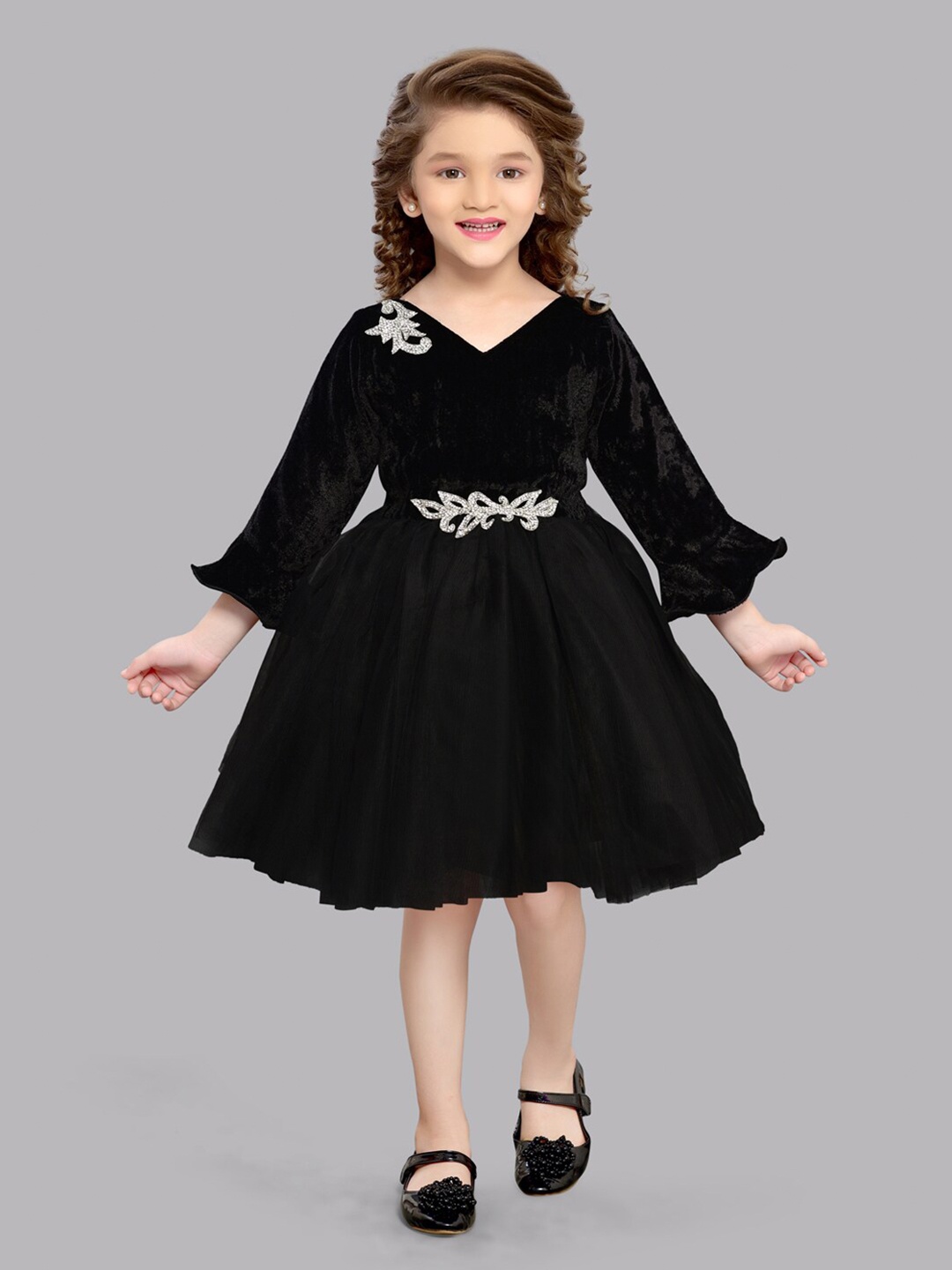 

Pink Chick Girls Applique Velvet Fit & Flare Dress, Black