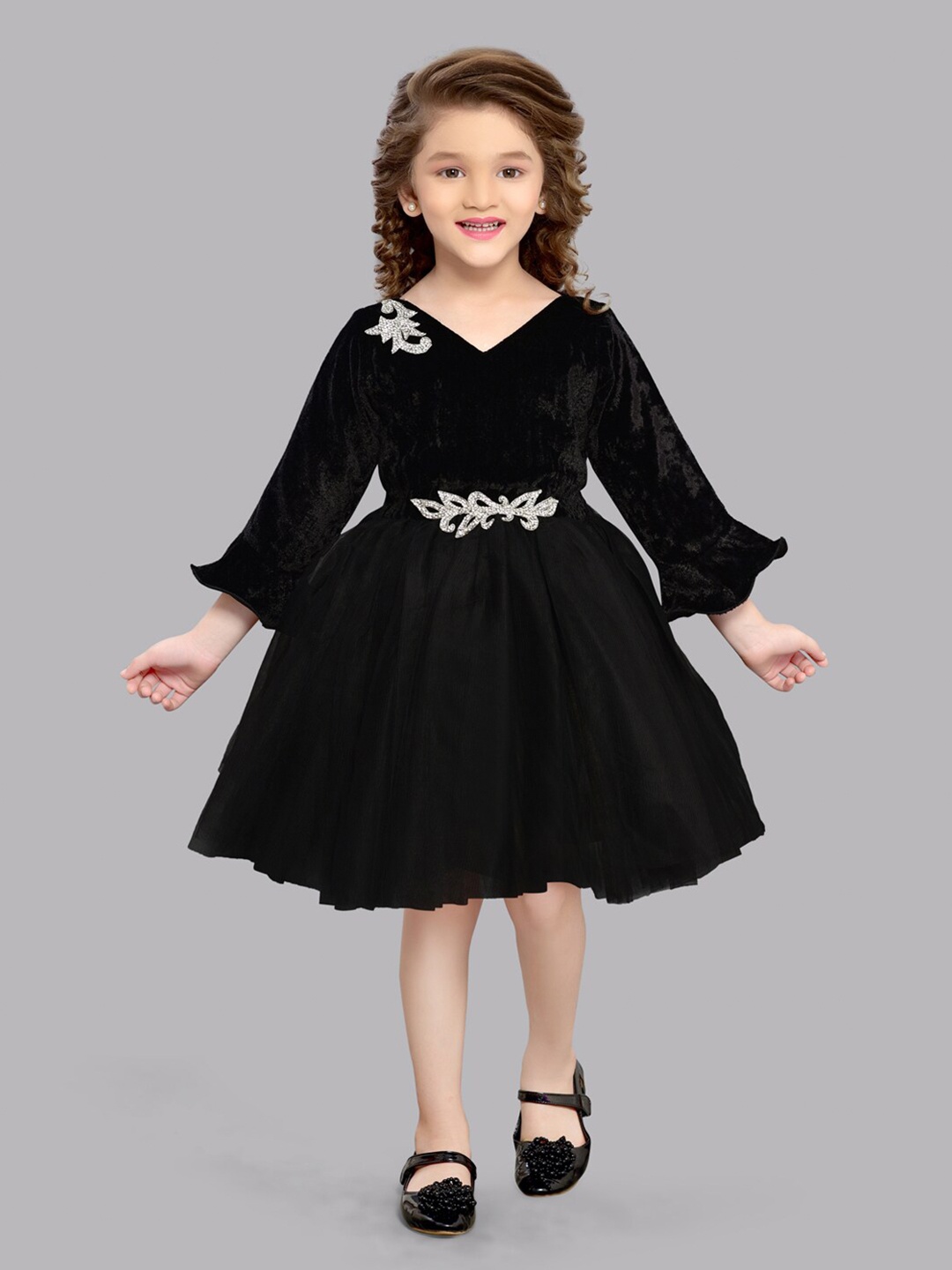 

Pink Chick Girls Applique Bell Sleeves Net Fit & Flare Dress, Black