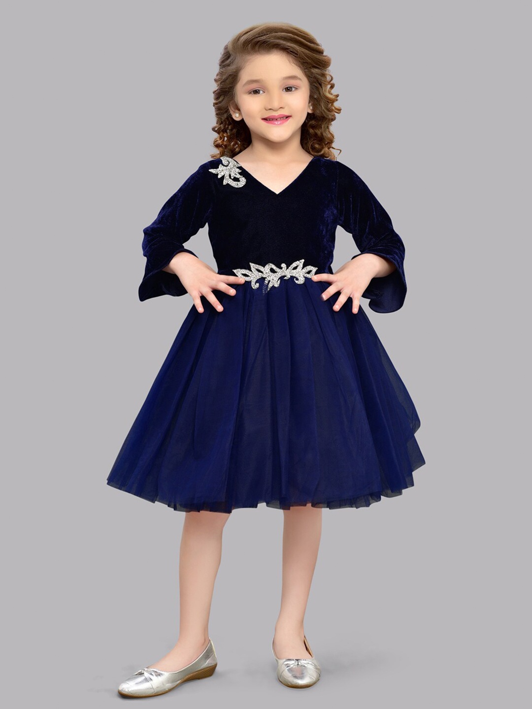 

Pink Chick Girls Applique Bell Sleeves Net Fit & Flare Dress, Navy blue