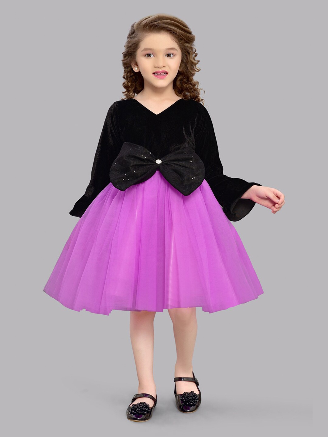 

Pink Chick Girls Bell Sleeve Bow Net Fit & Flare Dress, Purple