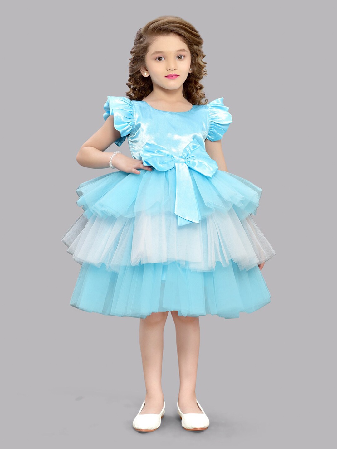 

Pink Chick Girls Self Design Flutter Sleeve Layered Net Fit & Flare Dress, Blue