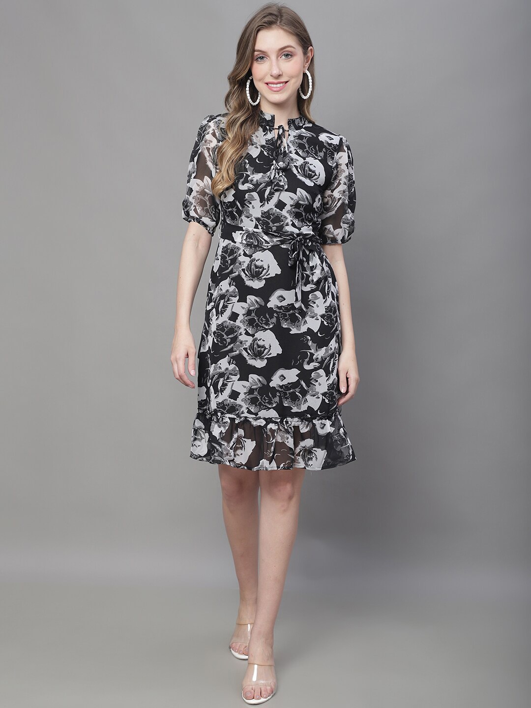 

MINI & MING Floral Print Tie-Up Neck Georgette Blouson Dress, Black