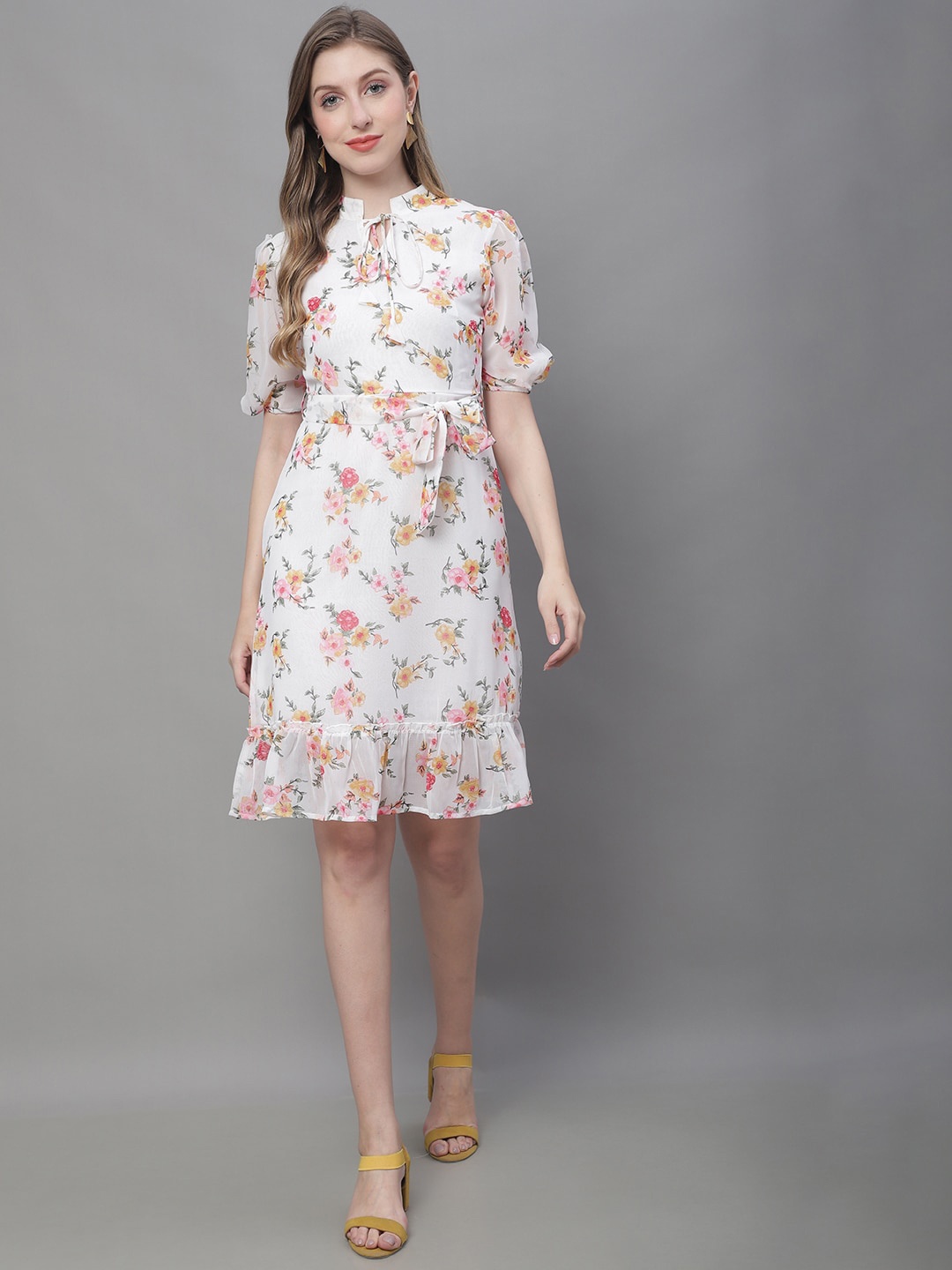 

MINI & MING Floral Print Flared Sleeve Georgette Fit & Flare Dress, Off white