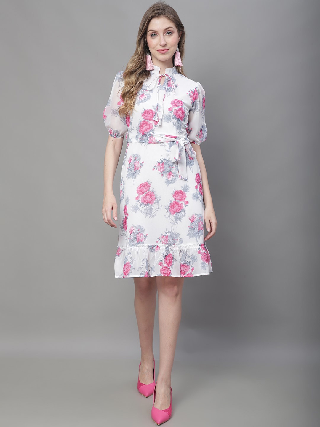 

MINI & MING Floral Print Tie-Up Neck Georgette Blouson Dress, White