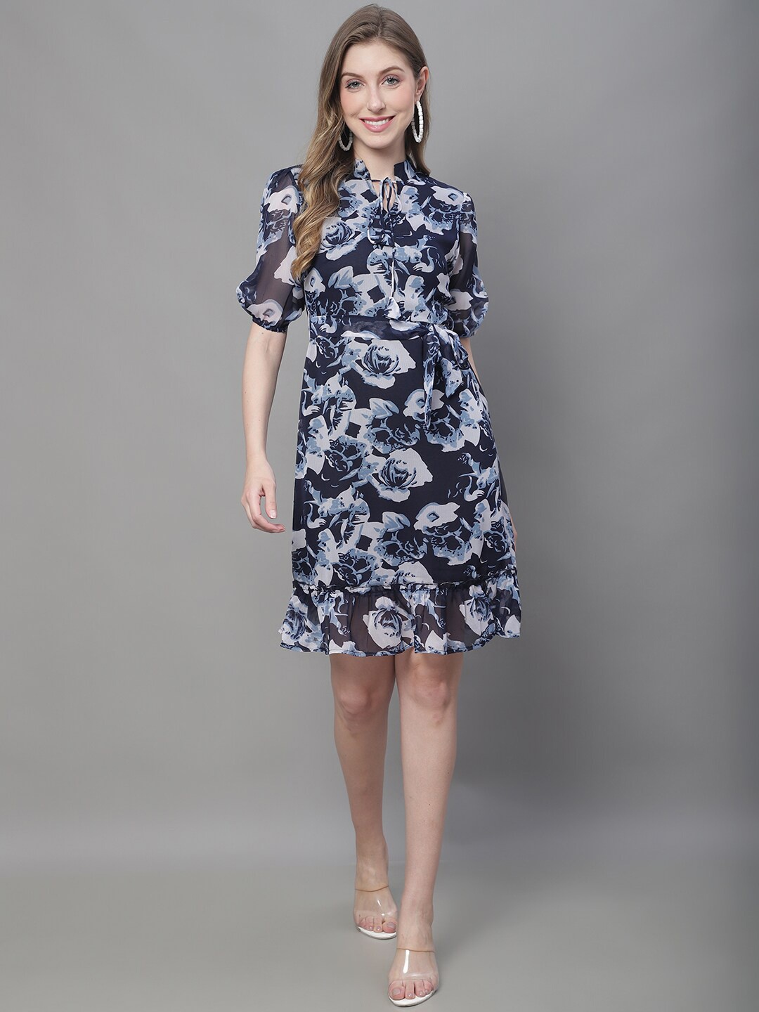 

MINI & MING Floral Print Georgette Shirt Dress, Navy blue