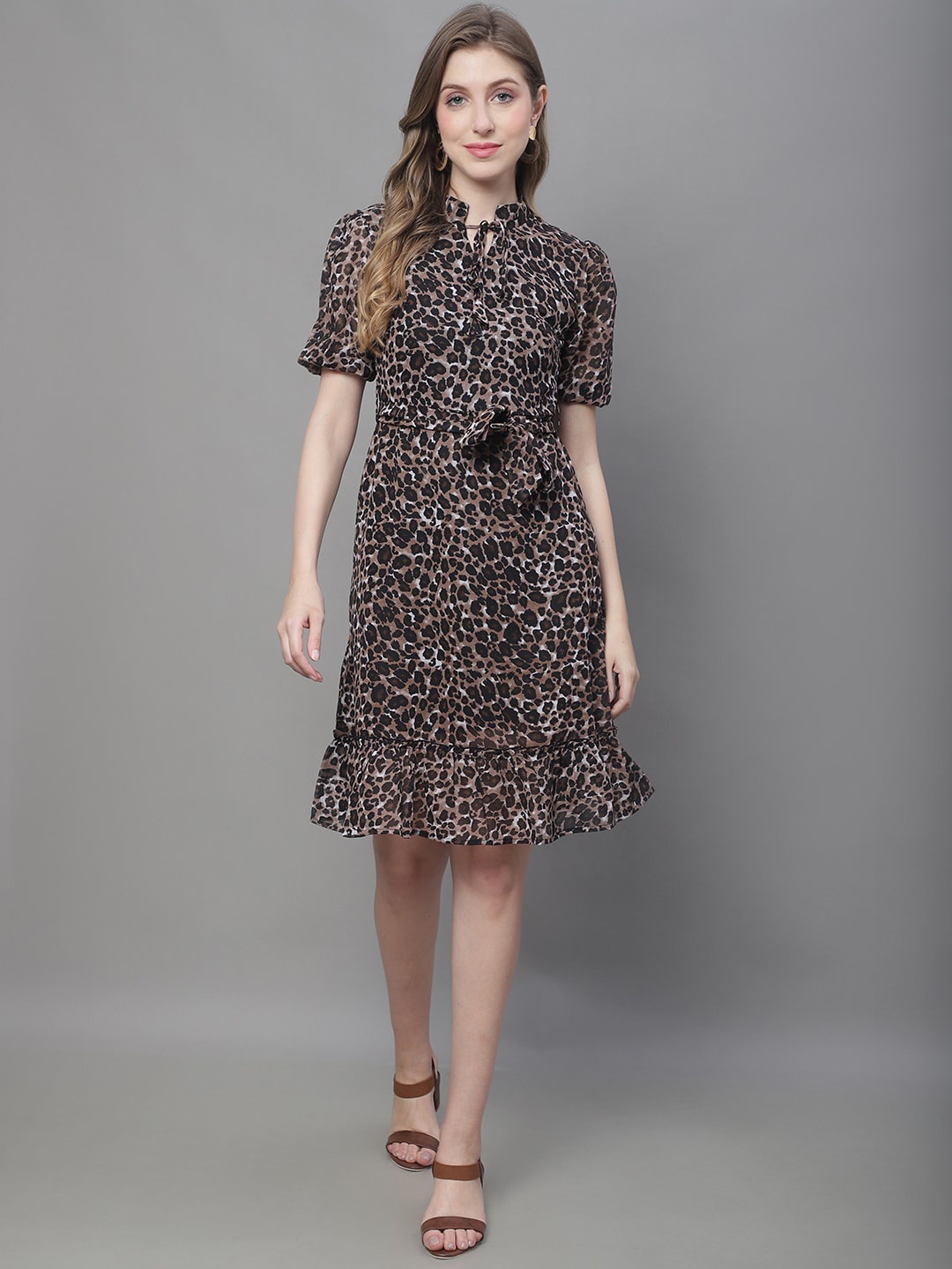 

MINI & MING Animal Print Tie-Up Neck Georgette A-Line Dress, Black