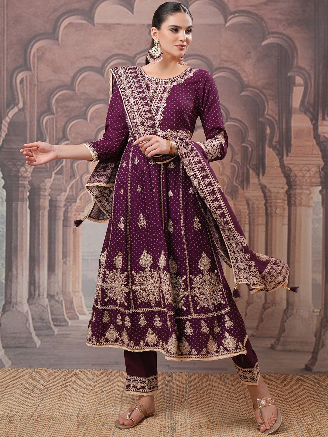 

Vishudh Maroon Ethnic Motifs Embroidered Zari Anarkali Kurta With Trousers & Dupatta