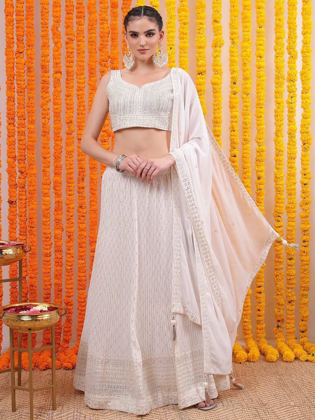 

Vishudh White Embellished Beads and Stones Ready to Wear Lehenga & Blouse With Dupatta