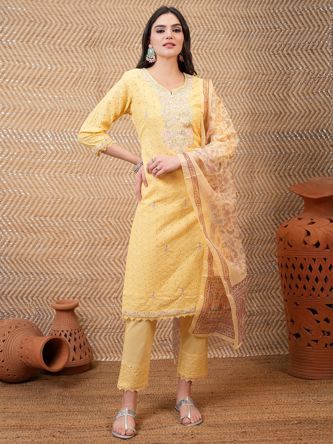 

Vishudh Yellow Ethnic Motifs Embroidered Cotton Straight Kurta With Trousers & Dupatta