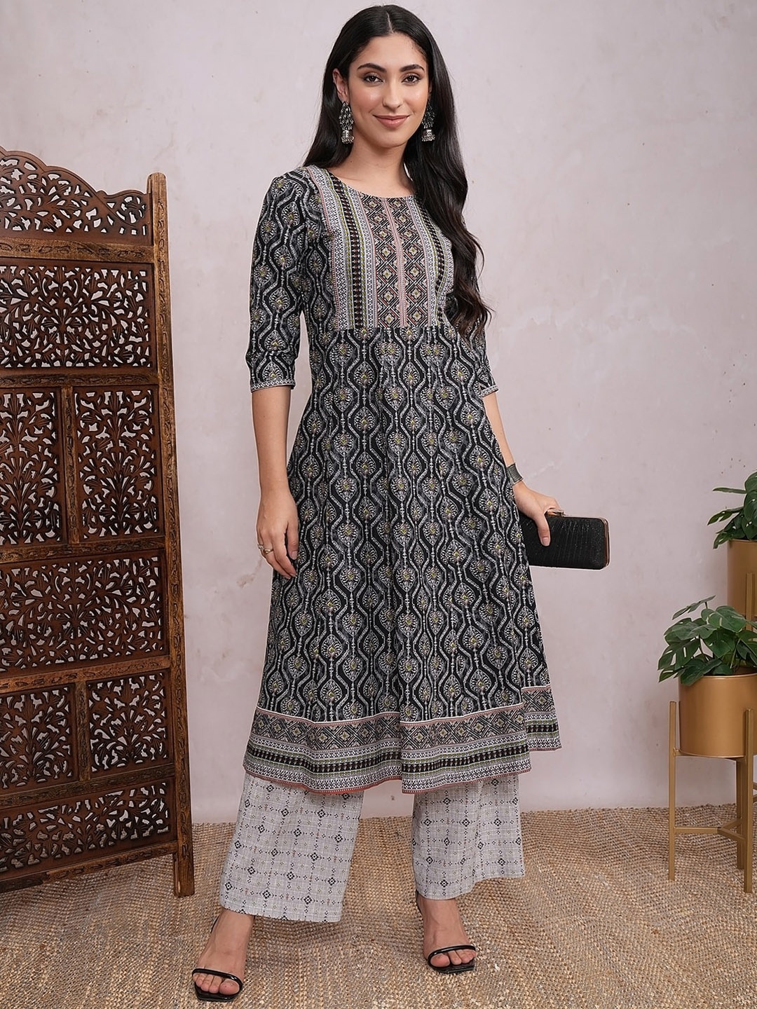 

Vishudh Grey Ethnic Motifs Printed Pure Cotton A-Line Kurta With Palazzos