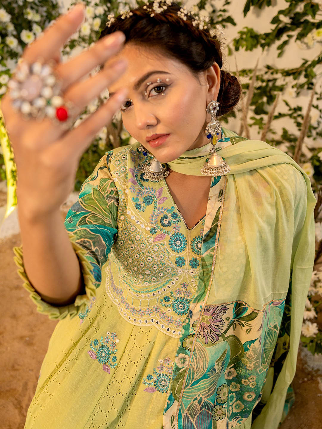 

Vishudh Green Floral Embroidered Mirror Work Cotton Anarkali Kurta With Trousers & Dupatta