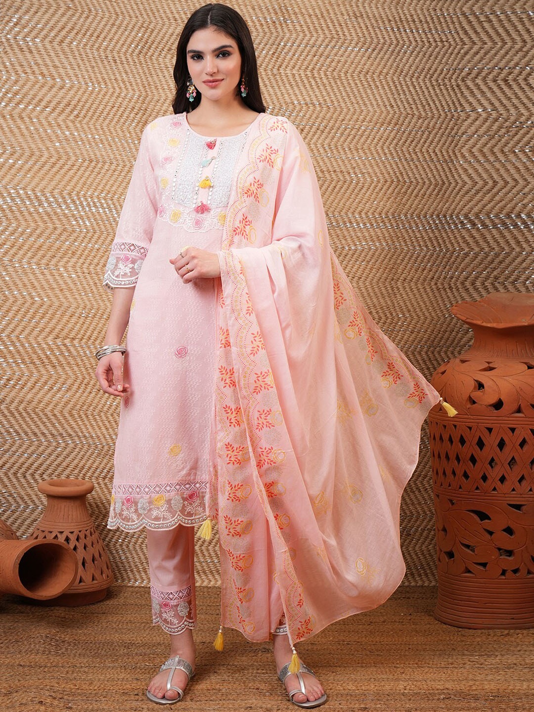 

Vishudh Embroidered Regular Mirror Work Pure Cotton Kurta with Trousers & With Dupatta, Pink