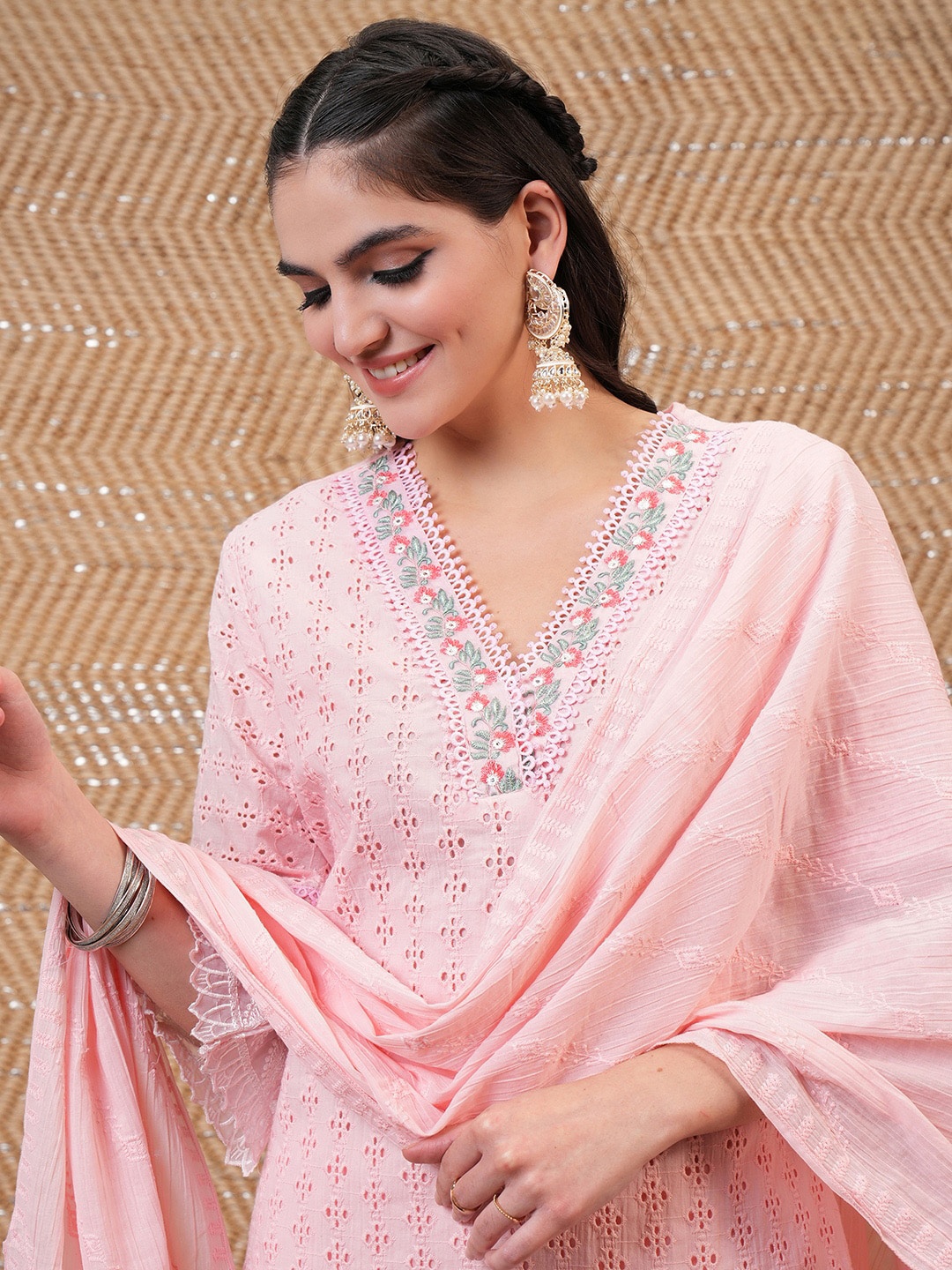 

Vishudh Pink Floral Embroidered Straight Pure Cotton Kurta With Trousers & Dupatta