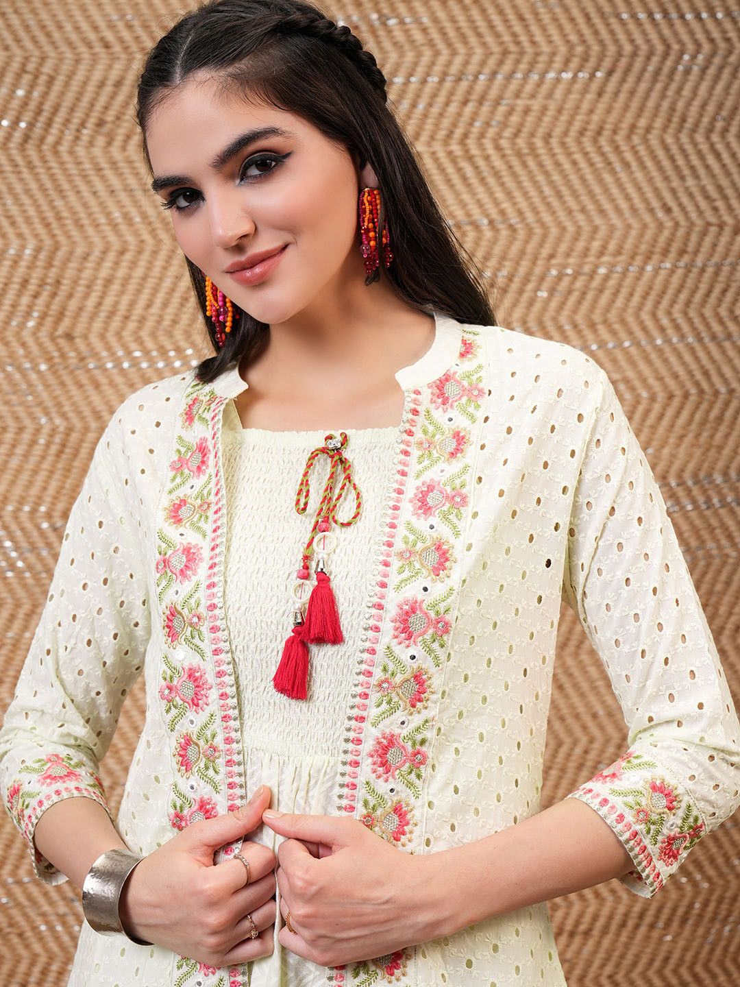 

Vishudh Geometric Printed Square Neck Smocked Fit & Flare Cotton Midi Ethnic Dress & Shrug, Cream