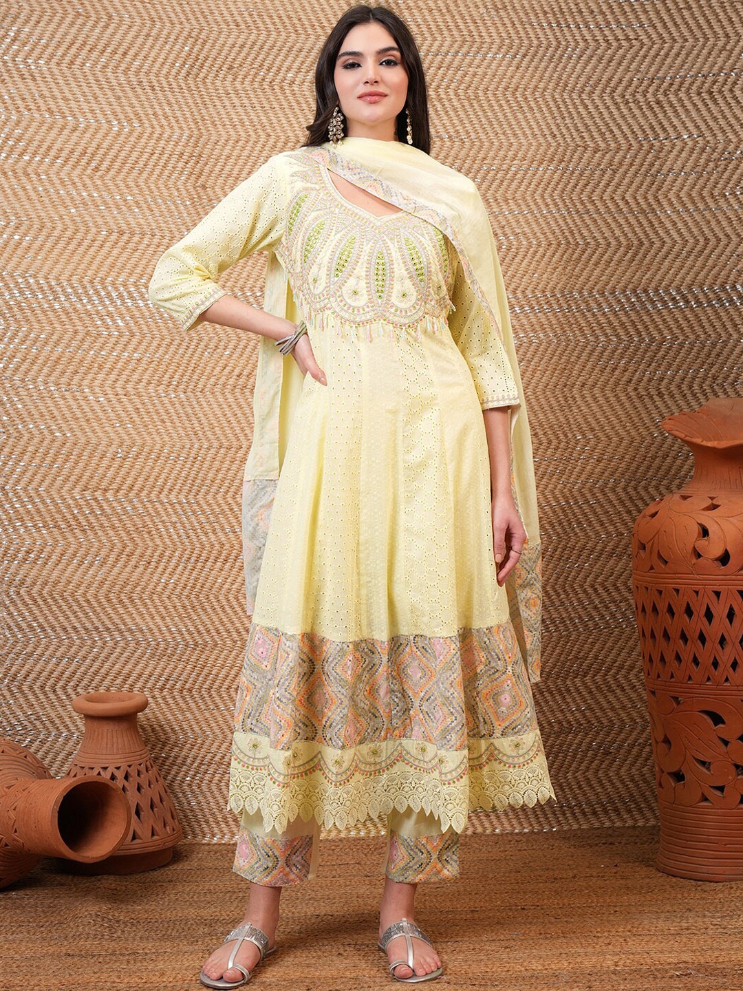 

Vishudh Floral Embroidered Regular Thread Work Pure Cotton Kurta with Trousers & Dupatta, Yellow