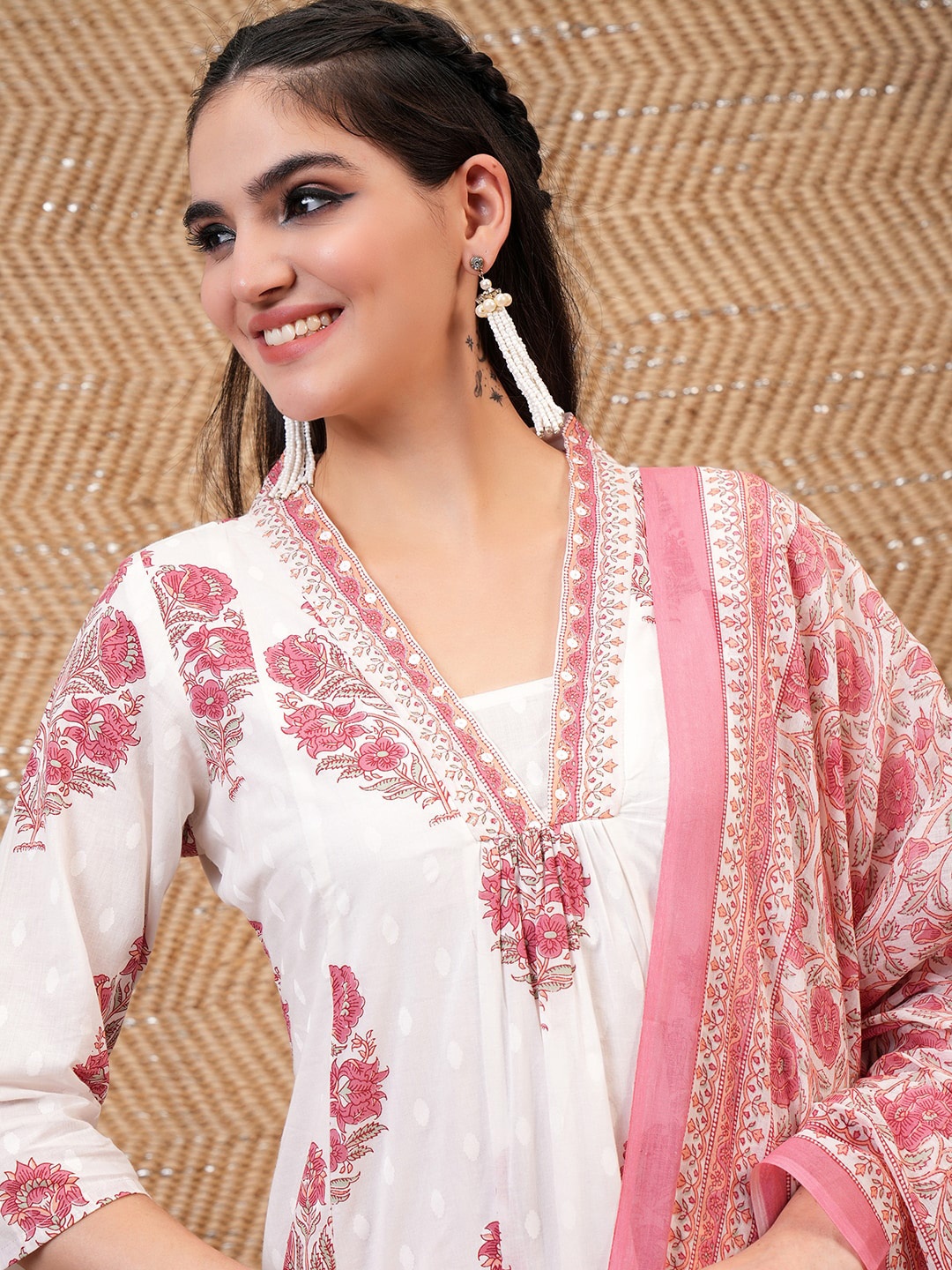 

Vishudh White Floral Printed Thread Work Pure Cotton A-Line Kurta With Palazzos & Dupatta