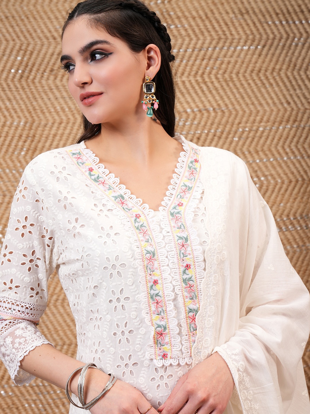 

Vishudh Floral Embroidered Regular Thread Work Pure Cotton Kurta with Trousers & Dupatta, White