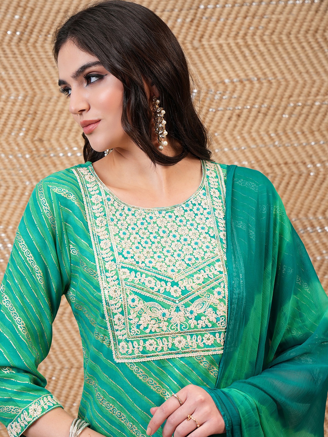 

Vishudh Green Leheriya Printed Thread Work Straight Kurta With Trousers & Dupatta