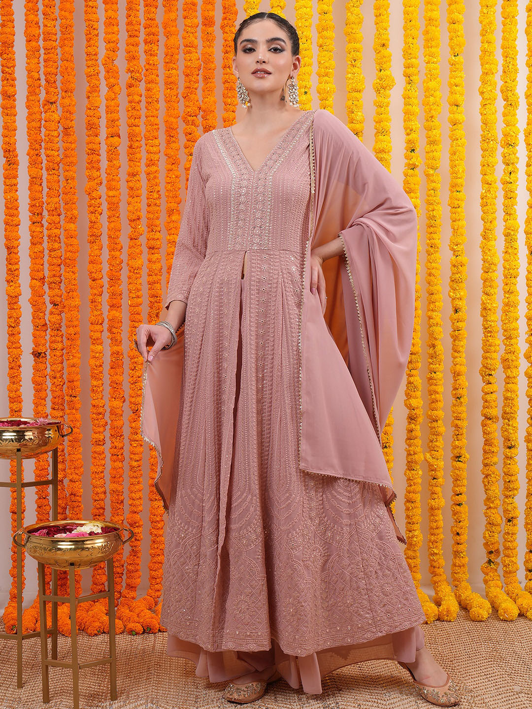 

Vishudh Embroidered Layered Thread Work Kurta with Palazzos & With Dupatta, Rose