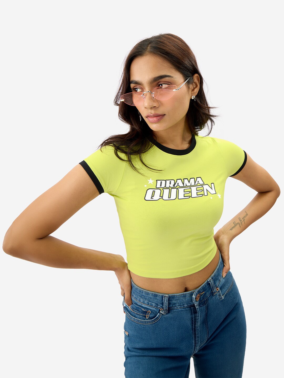 

The Souled Store Yellow Typography Printed Pure Cotton Crop Top