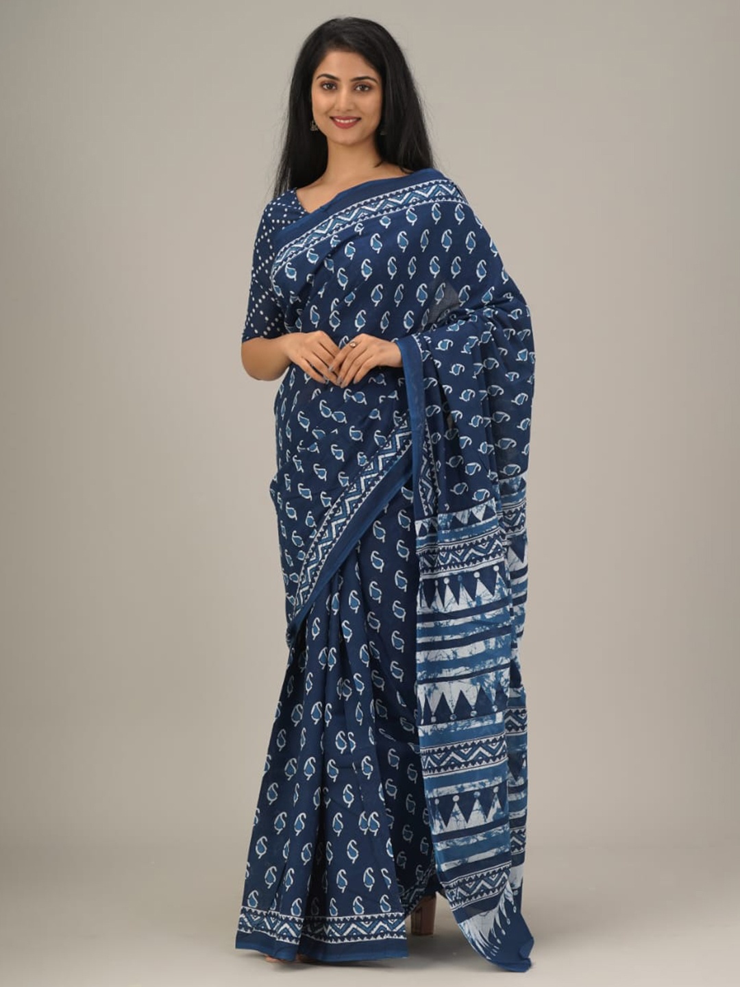 

JALTHER Paisley Printed Pure Cotton Block Print Saree, Blue