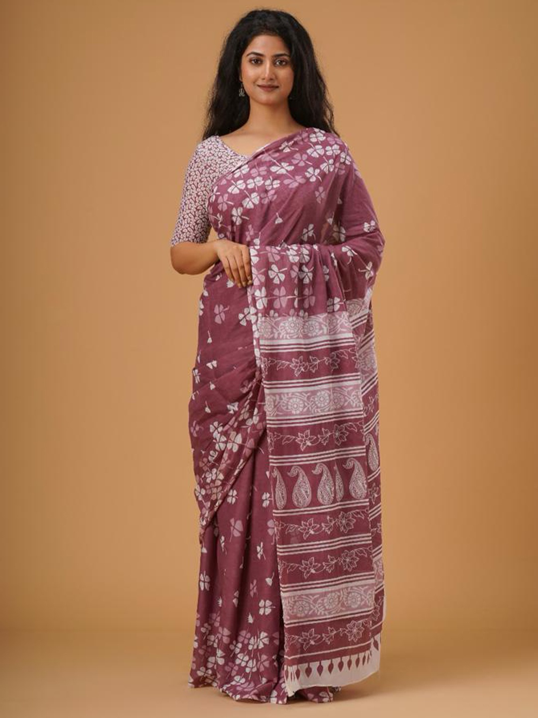

JALTHER Ethnic Motifs Printed Mulmul Cotton Block Print Saree, Maroon