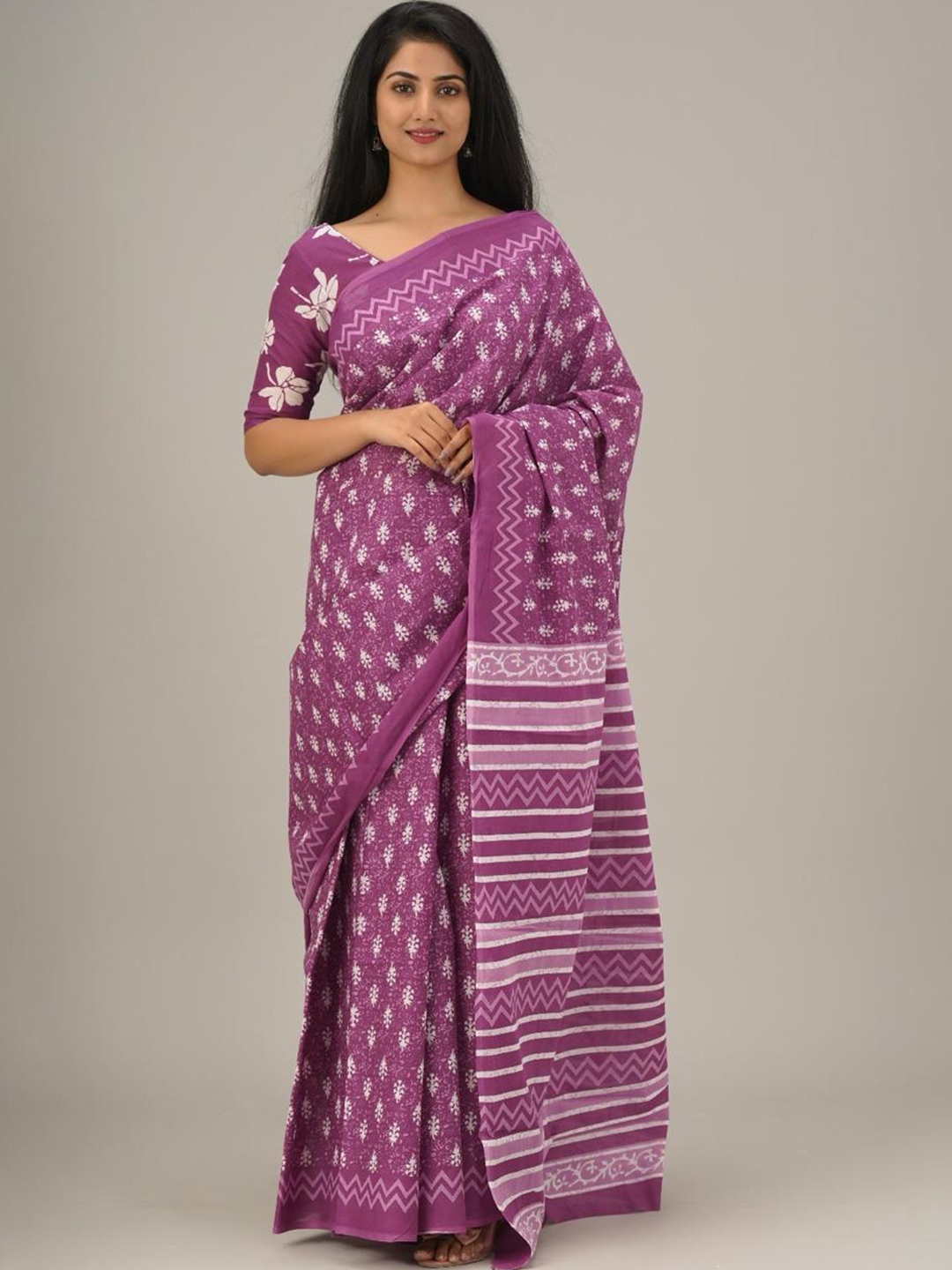 

JALTHER Ethnic Motifs Printed Pure Cotton Block Print Saree, Purple