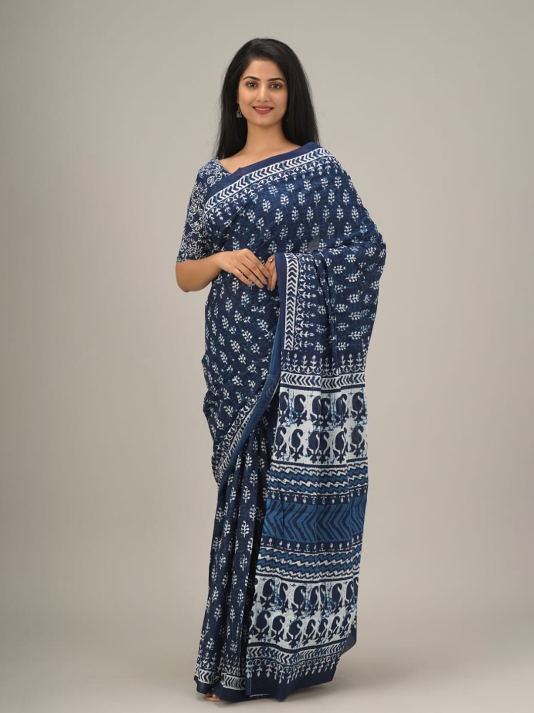 

JALTHER Ethnic Motifs Printed Pure Cotton Block Print Saree, Blue