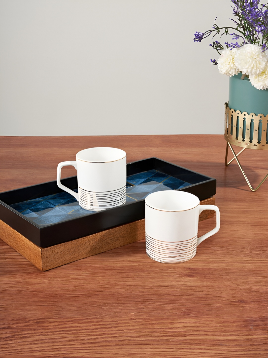 

Living scapes by Pantaloons Gold-Toned & White 2 Pcs Printed Bone China Glossy Cups 200 ml