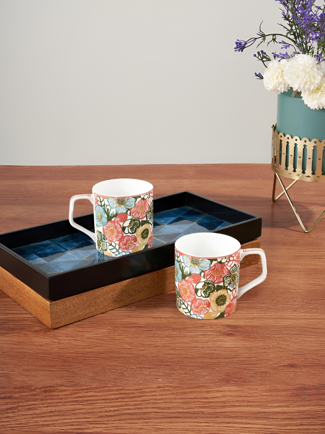 

Living scapes by Pantaloons White & Red 2 Pcs Floral Printed Bone China Glossy Cups