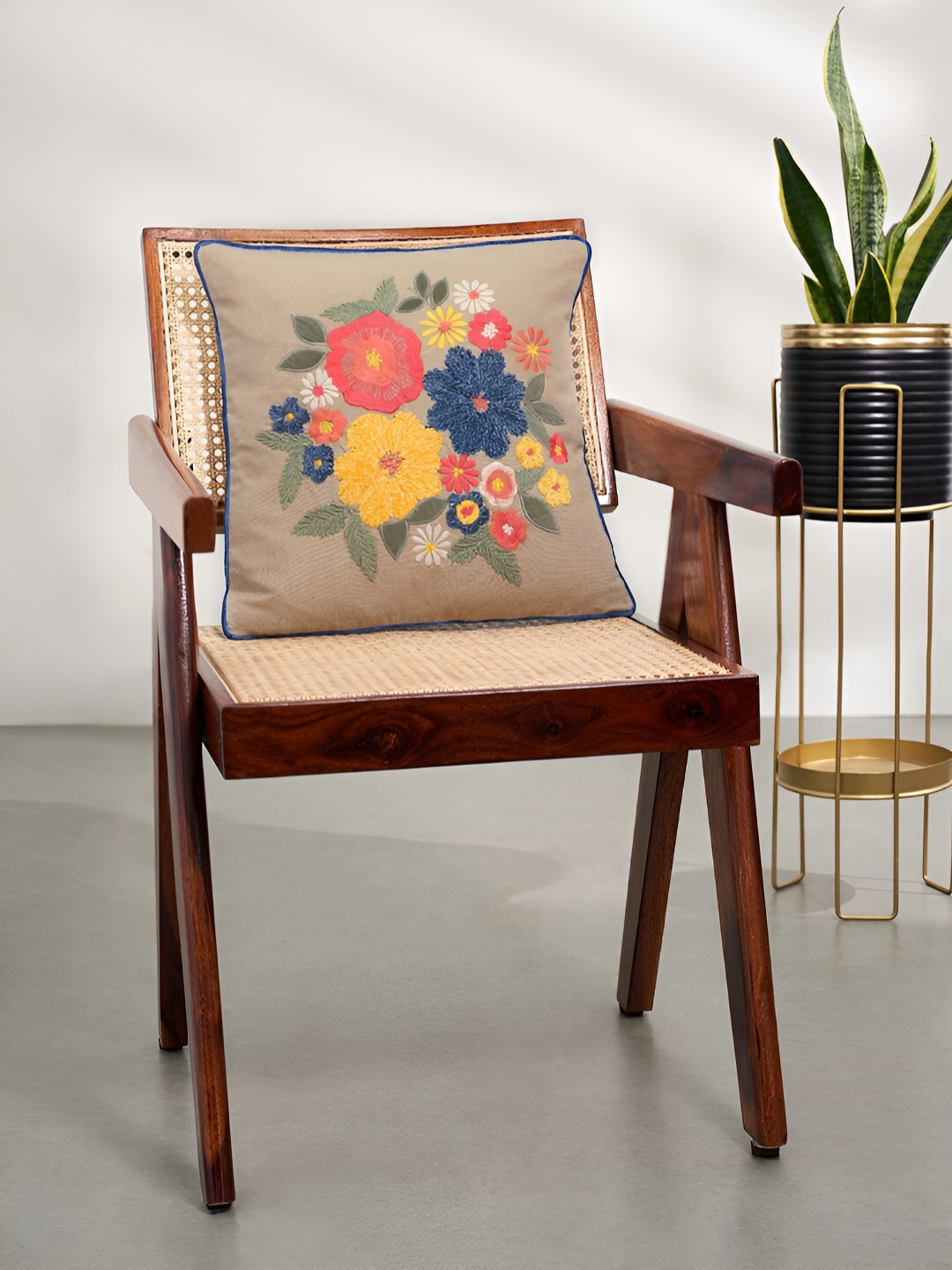 

Living scapes by Pantaloons Beige & Yellow Embroidered Cotton Square Cushion Covers