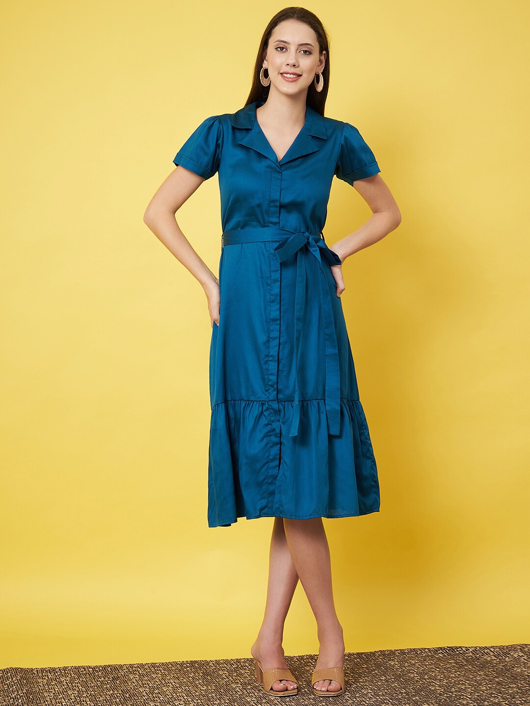 

Justin Whyte Lapel Collar Pure Cotton A-Line Midi Dress, Blue
