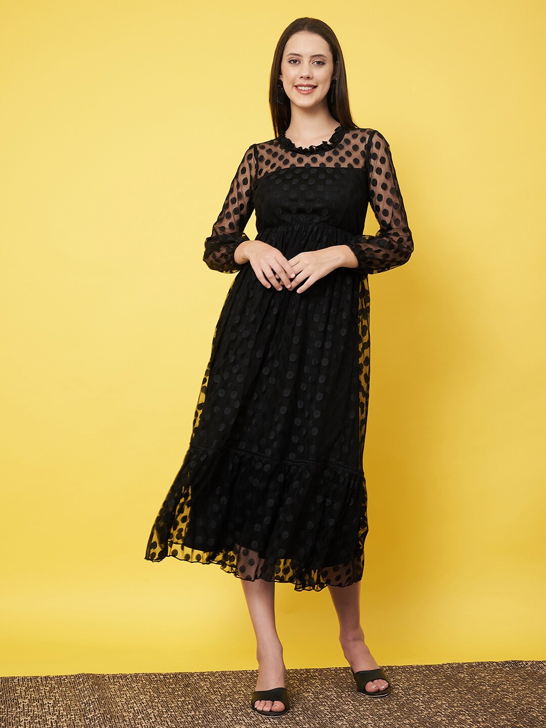 

Justin Whyte Self Design Puff Sleeves Fit & Flare Midi Dress, Black