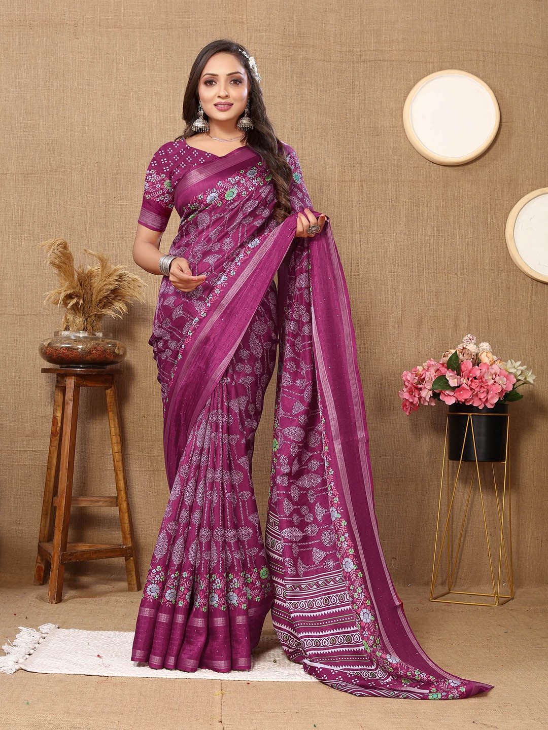 

KALINI Floral Printed Zari Sarees, Purple