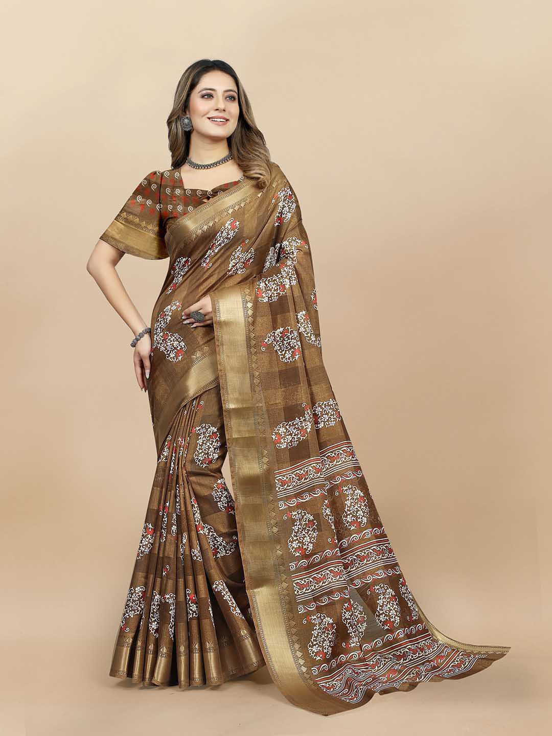 

KALINI Ethnic Motifs Printed Sarees, Beige