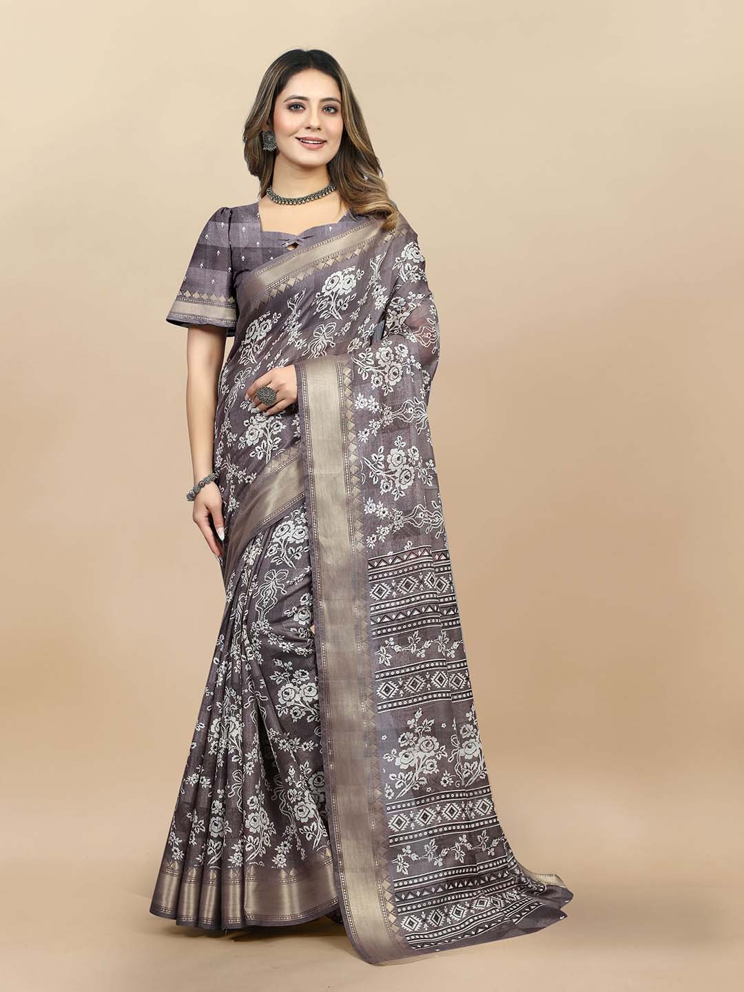 

KALINI Floral Printed Woven Design Zari Saree, Grey
