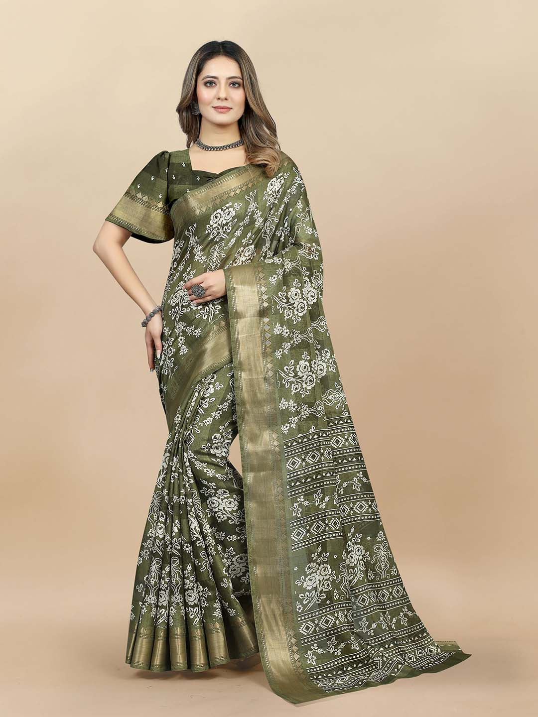 

KALINI Floral Printed Zari Sarees, Green