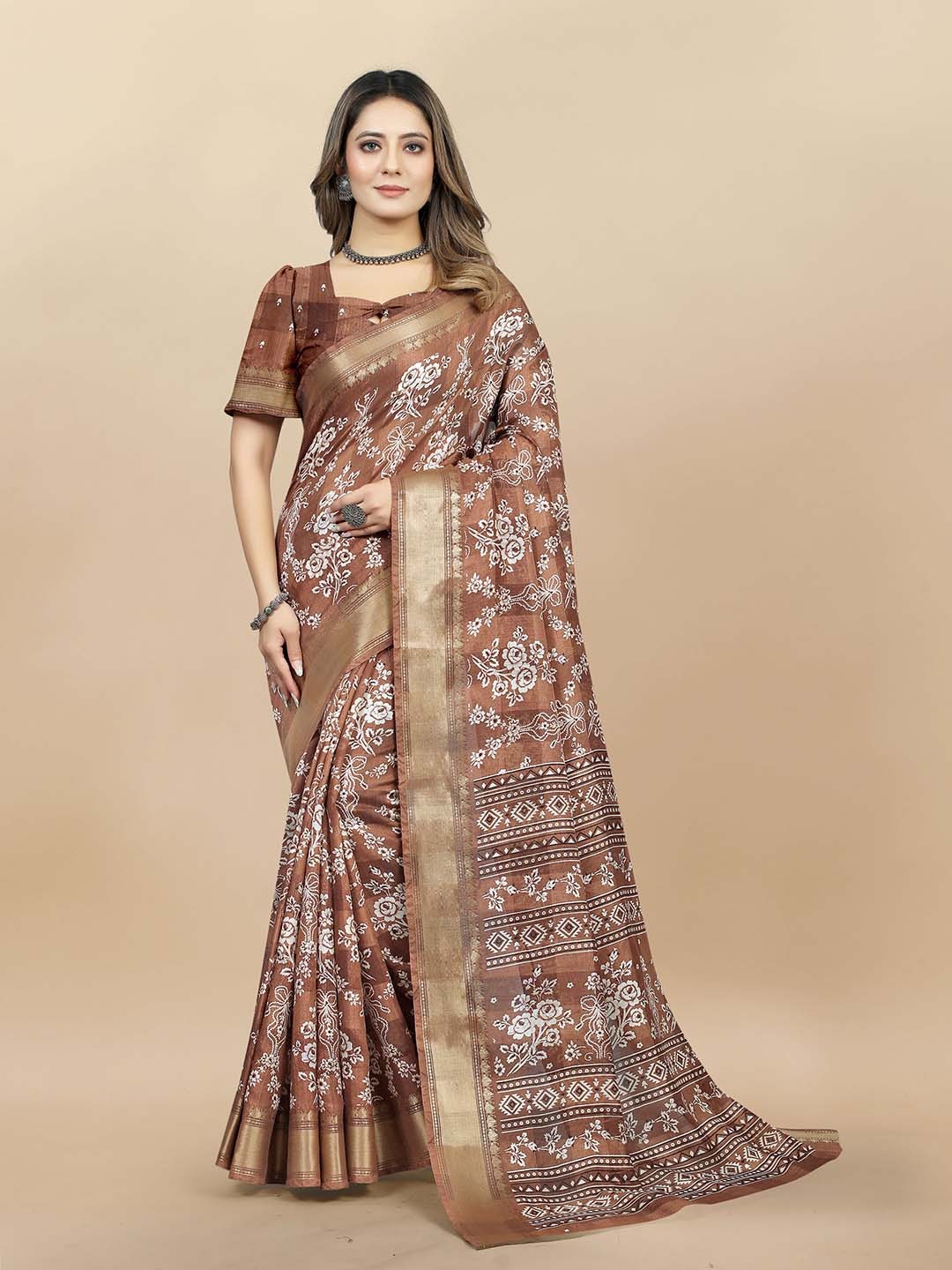 

KALINI Floral Printed Woven Design Sarees, Beige