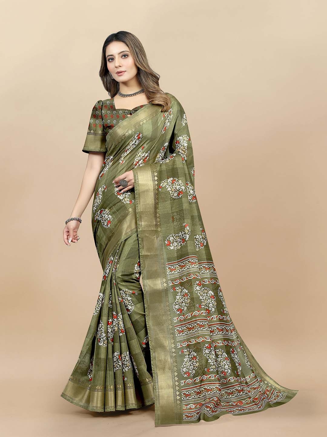 

KALINI Floral Printed Woven Design Zari Saree, Green